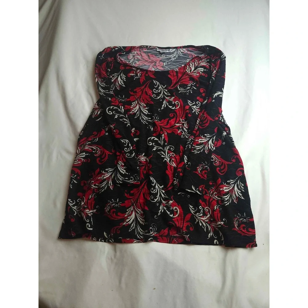 Croft & Barrow Womens Large Red Black Scroll Floral Scoop Neck Long Sleeve Top